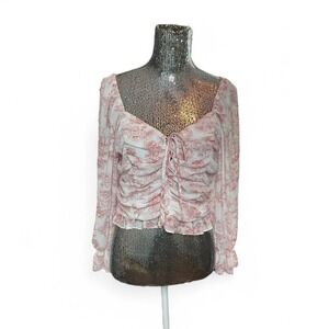 Y2K Milkmaid Fairy Ruched Crop Top XL Toile Print Romantic Sheer Blouse Coquette